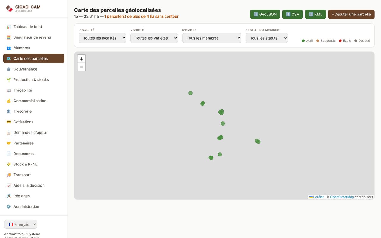 Carte des parcelles geolocalisees